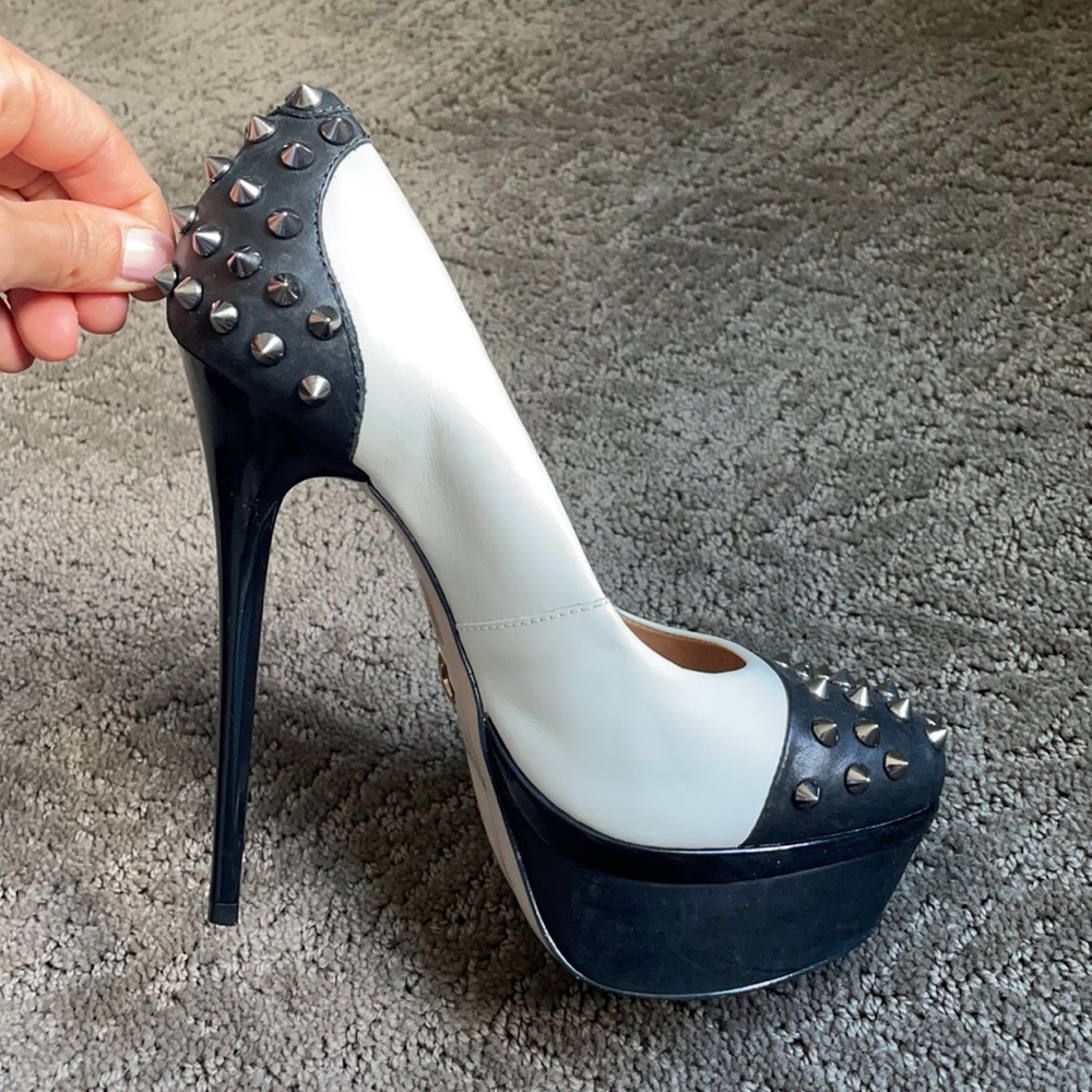 Genuine black/white leather high heels size 36 (6 US) metal spikes